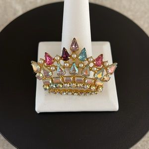 B.DAVID Signed Gold Tone Tiara Crown FauxPearl Aurora Borealis Iridescent Brooch